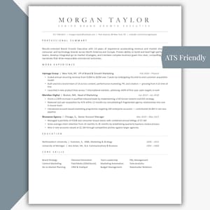 May include: A professional resume template with the name "Morgan Taylor" at the top. The resume details work experience, education, and core skills. The document is white with black text and includes the phrase "ATS Friendly".