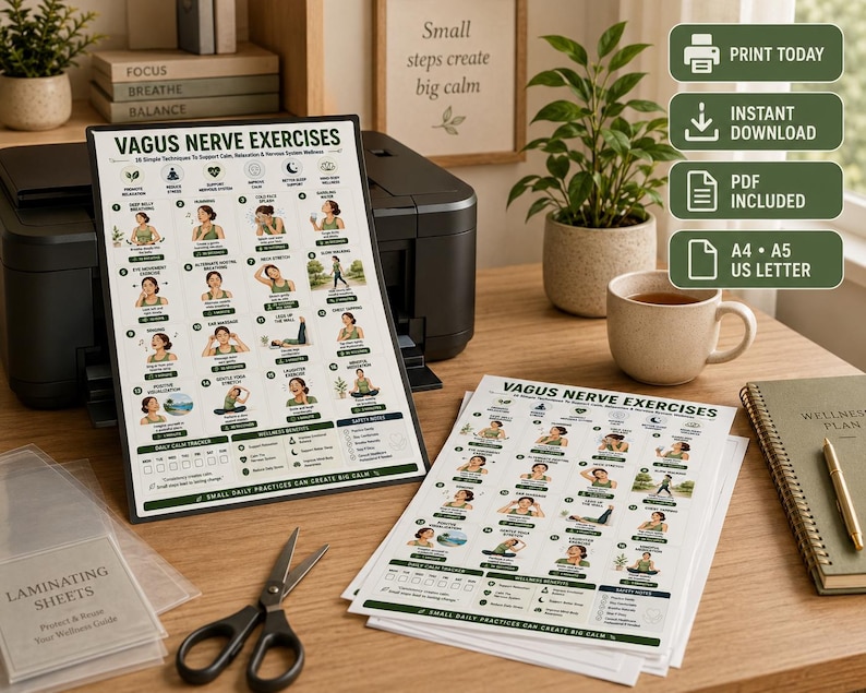 Vagus Nerve Exercises Printable, Breathing and Relaxation Routine, Gentle Movement Exercises, Daily Routine Chart, PDF Poster