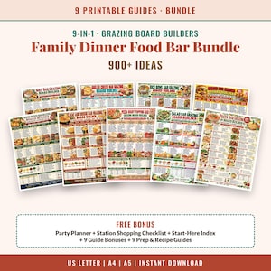 May include: A bundle of 9 printable grazing board guides titled Family Dinner Food Bar Bundle with 900+ ideas. Includes guides for soup, grilled cheese, rice bowl, burger, baked potato, mac and cheese, pizza, salad, and pasta bars with bonus checklists.