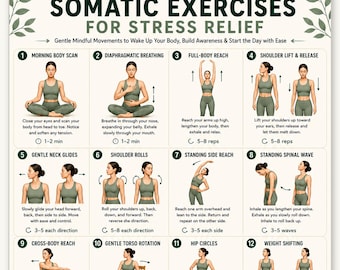 May include: A digital chart titled 16 Morning Somatic Exercises for Stress Relief, featuring sixteen numbered illustrations of a person in a green athletic set performing various movements, with instructional text for each exercise and a bonus workbook.
