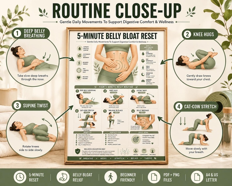 belly bloat relief • anti bloating routine • debloat exercises • digestive comfort • bloating remedy • gut wellness poster • gentle stretching routine • self care wall art • belly massage guide