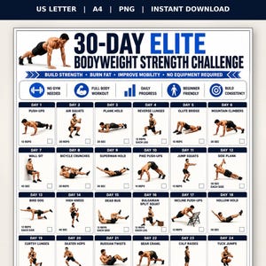 Pode incluir: Um plano de treino de força de 30 dias com peso corporal, apresentando uma grelha de ilustrações de exercícios diários com etiquetas de texto, contagem de repetições e caixas de verificação. Inclui cabeçalhos para US Letter, A4, PNG.