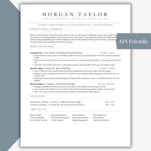 May include: A professional resume template with the name "Morgan Taylor" at the top. The resume details work experience, education, and core skills. The document is white with black text and includes the phrase "ATS Friendly".