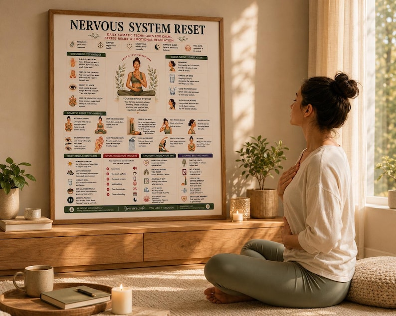 Nervous System Reset Printable, Somatic Techniques Poster for Stress Relief Anxiety, Vagus Nerve & Grounding Guide, A4 US Letter PDF