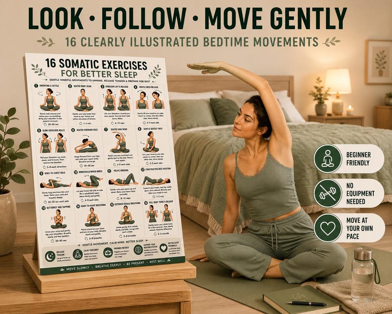 16 Somatic Exercises for Better Sleep | Bedtime Wind-Down Routine Printable | Gentle Mindful Movement Guide | Sleep & Relaxation Wall Art
