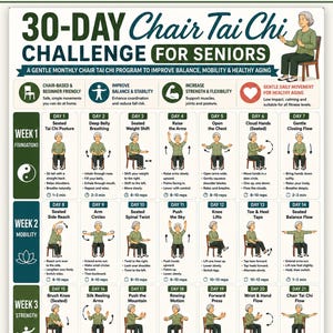 May include: A 30-day chair Tai Chi challenge chart for seniors featuring daily illustrated exercises, instructional text, and movement descriptions organized by week. The document includes a header, icons for balance and strength, and a grid layout.