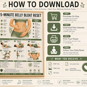 belly bloat relief • anti bloating routine • debloat exercises • digestive comfort • bloating remedy • gut wellness poster • gentle stretching routine • self care wall art • belly massage guide