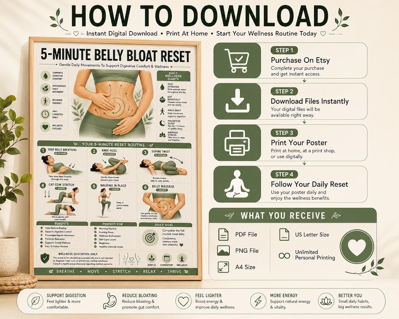 belly bloat relief • anti bloating routine • debloat exercises • digestive comfort • bloating remedy • gut wellness poster • gentle stretching routine • self care wall art • belly massage guide
