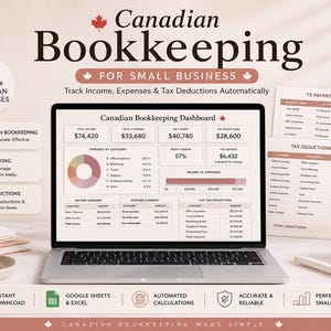 Può includere: Un laptop mostra un dashboard di contabilità canadese con dati finanziari. L'immagine include una tazza di caffè con una foglia d'acero, una penna e documenti di supporto. Il testo sullo schermo recita "Canadian Bookkeeping" e "Track Income, Expenses & Tax Deductions Automatically."