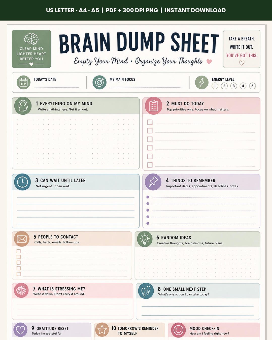 Brain Dump Sheet Printable | ADHD Mental Clutter Reset | Overwhelm ...