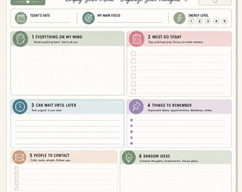 Brain Dump Sheet Printable | ADHD Mental Clutter Reset | Overwhelm Anxiety Burnout Organizer | Neurodivergent Planner | Instant Download