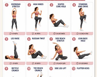 Rutina de ejercicios para perder grasa abdominal para mujeres (imprimible) / Tabla de 16 ejercicios de abdominales y cardio / Entrenamiento abdominal en casa sin equipo / Descarga instantánea