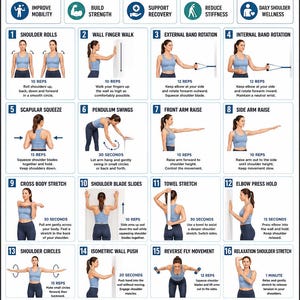 Rotator Cuff Exercises Printable Poster PDF| Shoulder Rehab Mobility Chart | 16 Strength & Stretch Exercises | Shoulder Pain Relief