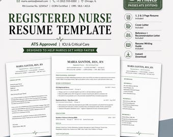 May include: A Registered Nurse resume template with the name Maria Santos, BSN, RN. The template includes a cover letter, resume writing guide, and reference letter. The design is ATS approved and designed to help nurses get hired faster.