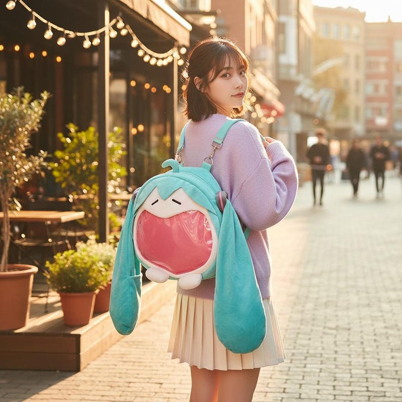 Kawaii anime bag shown as a hatsune miku backpack with cosplay backpack use
