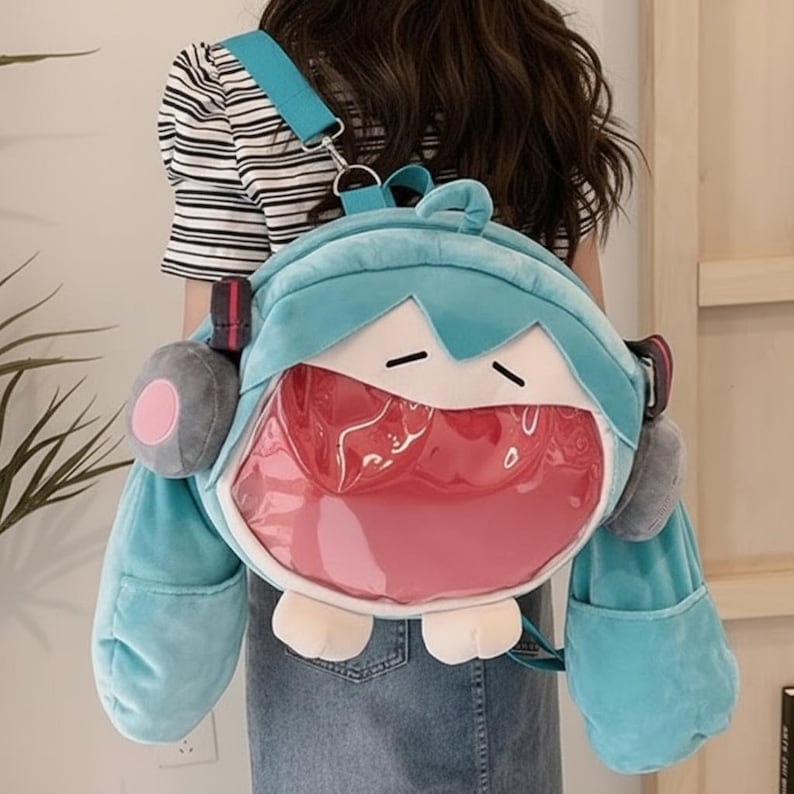 Cute anime bag worn as a hatsune miku backpack with cosplay backpack look