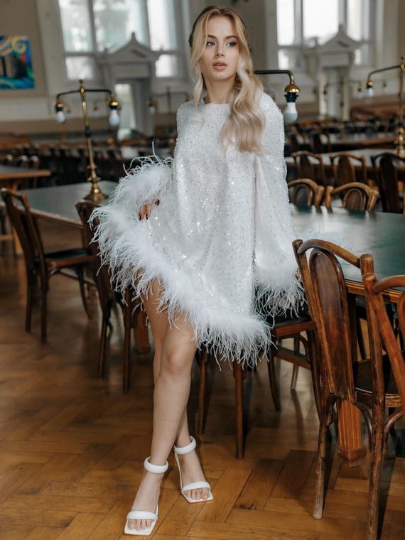 ivory bachelorette dress Feather sleeve bridal robe, Sequin wedding peignoir, dress, Bride to be, party beaded mesh dress, Bridesmaid, birthday Color:LIGHT BLUE-2 cheap red dresses for Pair with white platform dusty pink bridesmaid dresses