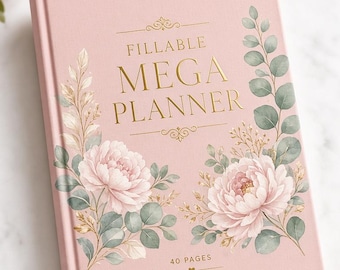 May include: A pink planner with gold foil text reading FILLABLE MEGA PLANNER, 40 PAGES, and UNDATED INSTANT DOWNLOAD. The cover features illustrations of pink peonies, green eucalyptus leaves, and gold sprigs on both sides.