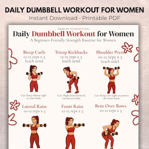 Puede incluir: Guía de entrenamiento en PDF imprimible titulada "Daily Dumbbell Workout for Women". La guía incluye ilustraciones e instrucciones para ejercicios como curls de bíceps, patadas de tríceps, press de hombros, elevación lateral y frontal.
