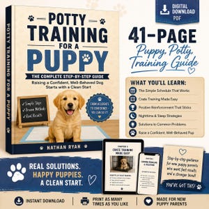 以下が含まれることがあります： ネイサン・ライアン著の41ページのデジタルガイド「Potty Training for a Puppy」。表紙にはトレーニングパッドに乗ったゴールデンレトリバーの子犬、小さな黒板、クレートトレーニングや睡眠戦略に関するステップバイステップのメソッドが記載されています。