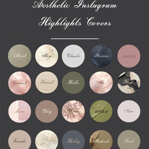 May include: Aesthetic Instagram Highlights Covers with various circular icons. Each icon features a different background texture and a word in elegant script, including "About," "Shop," "Clients," "Process," and "2025."