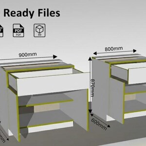 May include: Two white and gray cabinets with open drawers, shelves, and yellow trim. The cabinets are labeled with dimensions: 900mm x 870mm x 600mm and 800mm x 870mm x 600mm. Text at the top reads "CNC Ready Files" with DXF, PDF, and 3D icons.
