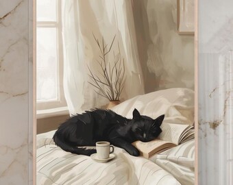 Black Cat Sleeping with Book and Coffee Wall Art, Vintage Bedroom Cat Print