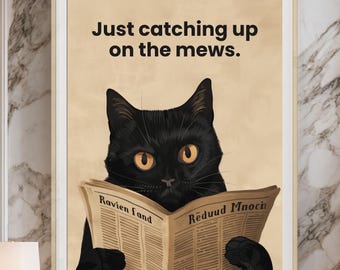Funny BlackCat Reading Newspaper Wall Art | Cat Lover Gift Decor for Bathroom or Office