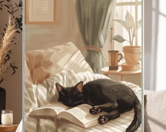 Black Cat Sleeping Reading Book Wall Art, Vintage Bedroom Cat Print