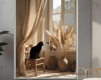 Impression d'art mural chat noir par la fenêtre scandinave, décoration minimaliste, cadeau pour amoureux des chats