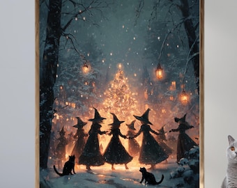 Grafika ścienna z tańcem czarownic | Zimowy plakat z czarnym kotem | Przytulny, magiczny wystrój lasu
