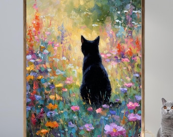 Black Cat Floral Meadow Art Print, Cottagecore Botanical Painting, Scandinavian Wildflower Decor