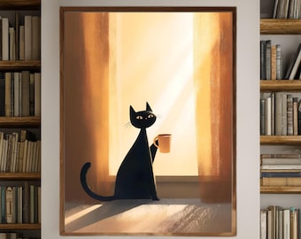 Black Cat with Coffee Wall Art | Cozy Morning Light Print | Scandinavian Minimalist Unframed Poster