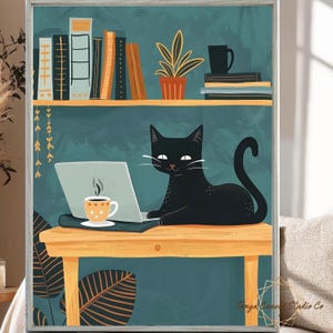 Whimsical Black Cat Working at Laptop Wall Art |Home Office Cat Lover Decor