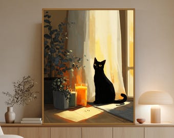 Peut inclure: Une impression d'art mural encadrée représentant un chat noir assis sur le sol près d'une fenêtre avec des rideaux transparents. À côté du chat se trouvent deux plantes en pot et deux bougies allumées dans des bocaux en verre.