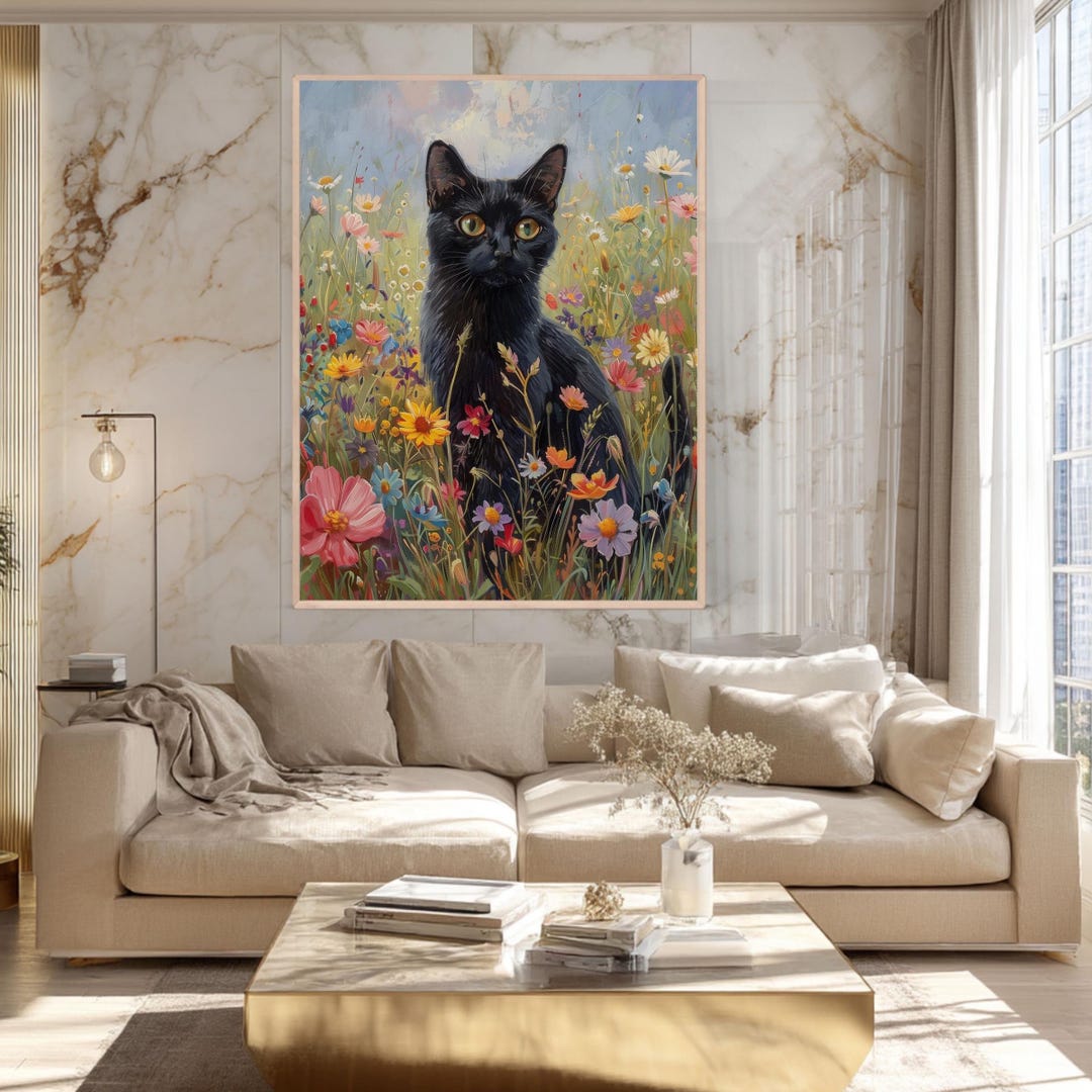 Black Cat Floral Wall Art Print, Whimsical Botanical Scandinavian Home ...