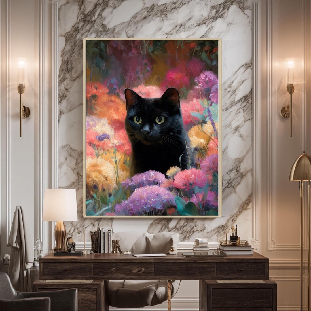 Black Cat Whimsical in Floral Garden With Colorful Painting Wall Art ...
