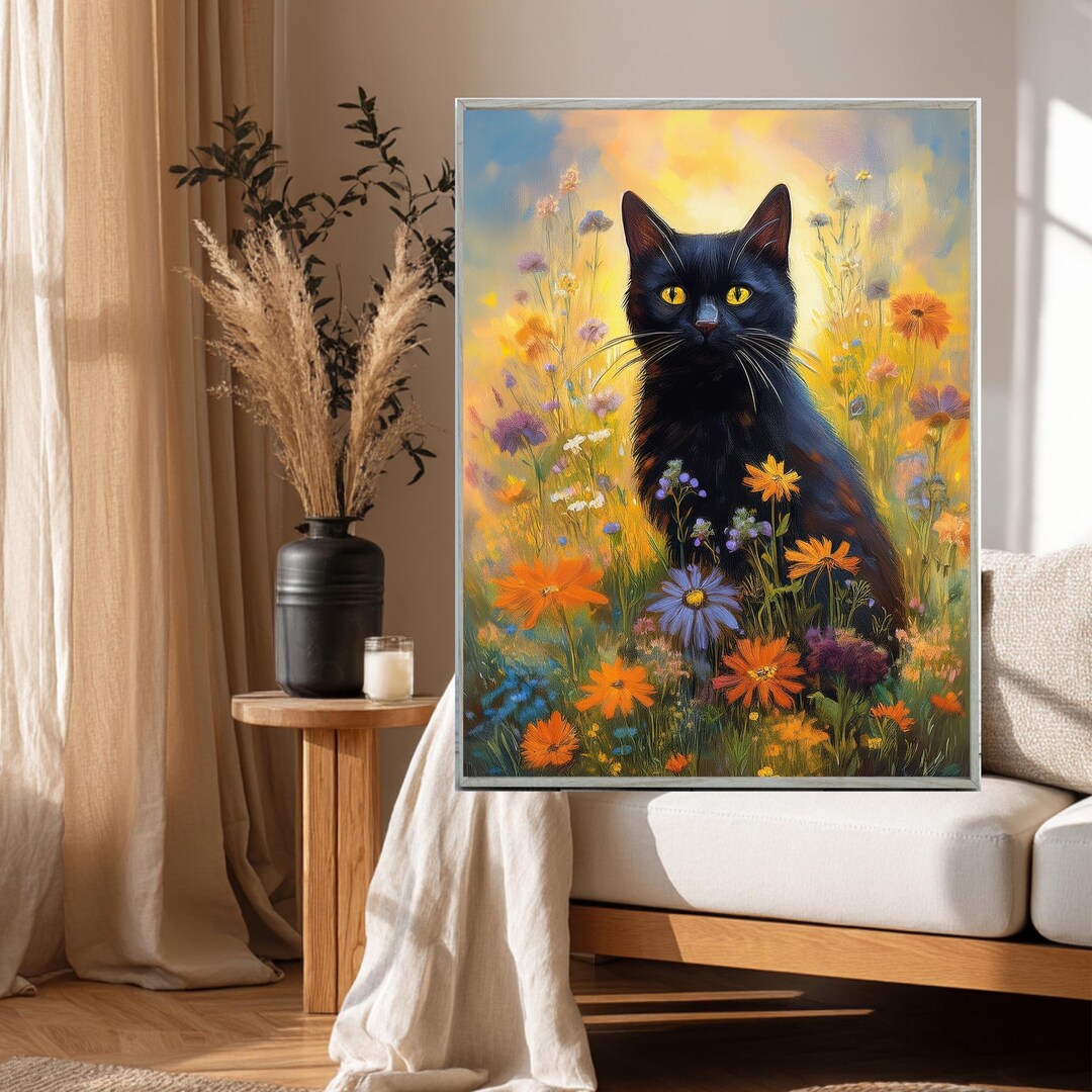 Black Cat Floral Wall Art Scandinavian Decor Whimsical Folk Cottagecore ...