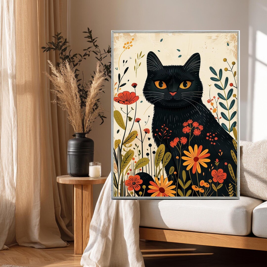 Black Cat Floral Wall Art Print, Scandinavian Decor Gift for Catlovers ...