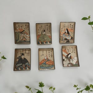 Vintage japansk keramik Hyakunin Isshu tallrikar Set med 6 Poet Karuta Meimeizara Showa