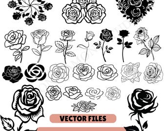 Rose SVG-clipartbundel – bloemenomtrek gesneden bestanden (digitale download)