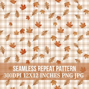 Fall Leaves Seamless Pattern | Autumn Plaid Digital Paper | Gingham Leaf Pattern | Thanksgiving Fabric Print | Rustic Fall Background