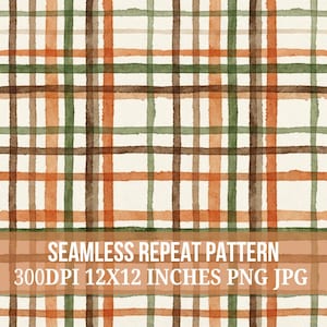 Puede incluir: Un patrón de repetición sin costuras con un diseño de cuadros de acuarela con líneas que se cruzan en tonos naranja, verde oscuro y marrón sobre un fondo crema. El texto dice: SEAMLESS REPEAT PATTERN 300DPI 12X12 INCHES PNG JPG.