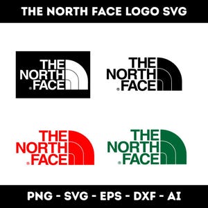 Könnte beinhalten: Verschiedene Logos von The North Face in Schwarz, Weiß, Rot und Grün. Die Logos werden auf weißem Hintergrund angezeigt. Der Text "THE NORTH FACE LOGO SVG" steht oben. Dateiformate sind unter den Logos aufgeführt.