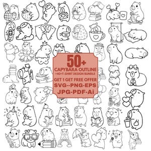 Capybara SVG Bundle | Kawaii Outline Animal Illustrations (png, svg, eps, jpg, pdf, ai)