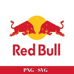May include: The Red Bull logo shows two red bulls facing each other against a yellow circle, with the words "Red Bull" in red beneath. A red banner at the bottom displays "PNG - SVG" in white.