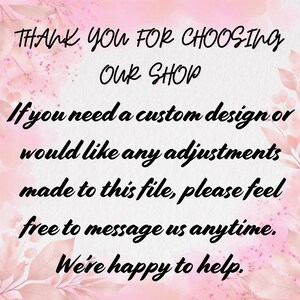 Może przedstawiać: Grafika cyfrowa z tekstem "THANK YOU FOR CHOOSING OUR SHOP" w czarnym skrypcie. Dodatkowy tekst oferuje niestandardowe usługi projektowe i pomoc. Tło przedstawia miękki r&oacute;żowy akwarelowy wz&oacute;r kwiatowy.