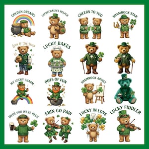 May include: A collection of St. Patrick's Day-themed illustrations featuring teddy bears. Each bear is depicted in various festive scenarios, such as holding shamrocks, pots of gold, or playing musical instruments. Text includes phrases like "Golden Dreams" and "Lucky in Love."