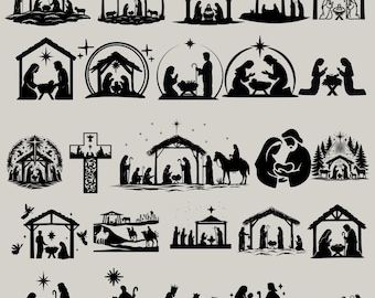 Lot crèche SVG : scène de la crèche de la Sainte Famille (téléchargement numérique)