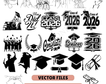 Afstuderen SVG-bundel, Class of 2026, Graduation Cap, Senior Designs (directe download)